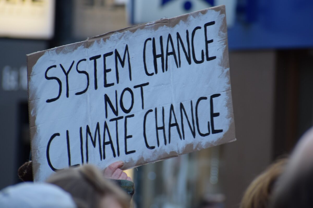 Image of a protest sign saying "system change not climate change"